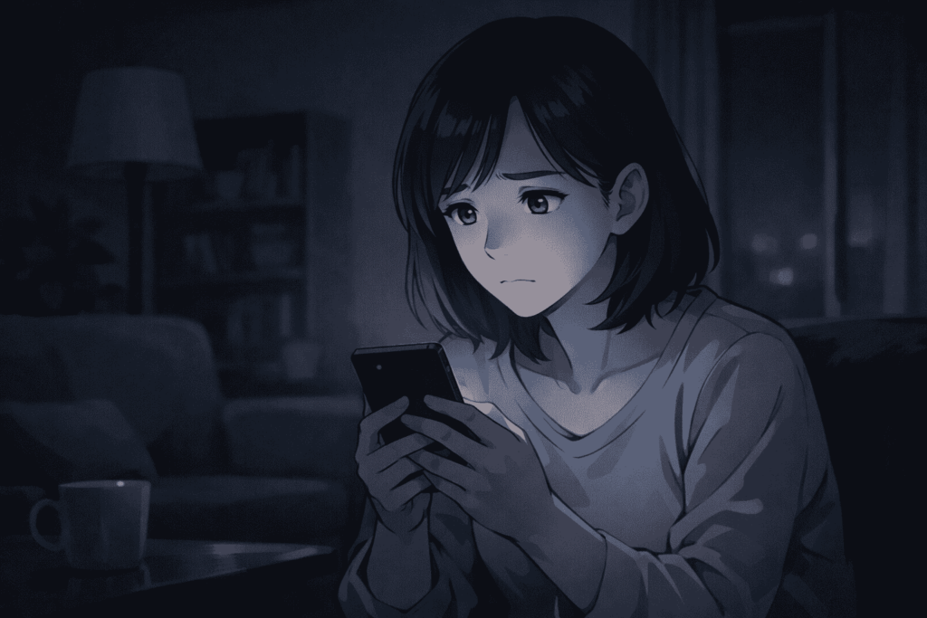 夜の静かなリビングで、スマホの画面を見つめながら少し不安そうな表情を浮かべる女性のイラスト。画面の光だけが顔を照らしている。