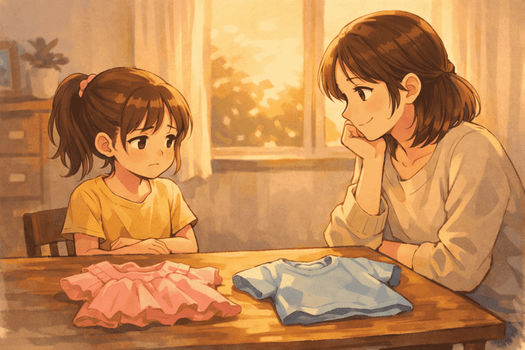 夕方の柔らかい光の中、テーブルの上にピンクのワンピースと水色のTシャツが並び、少し困った表情の女の子と、それを優しく見守る母親が向かい合って座っているイラスト。