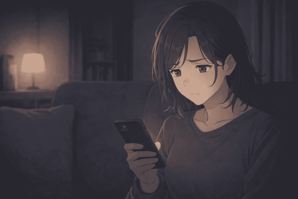 夜のリビングでスマホを見つめながら迷う女性の横長イラスト