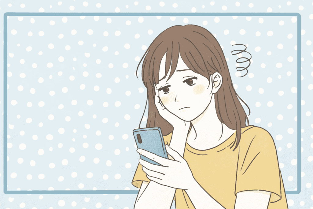 スマホを見ながら考え込む疲れた表情の主婦のイラスト。忙しい毎日の中で判断に迷い、惰性で選択してしまう心理状態を表している。