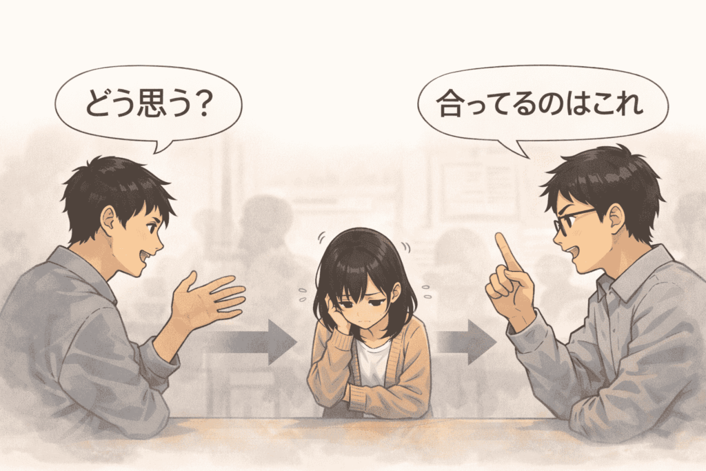 意見を求められる会話の中で、正解を押し付けられ、委縮してしまう学生の様子を描いた図解イラスト