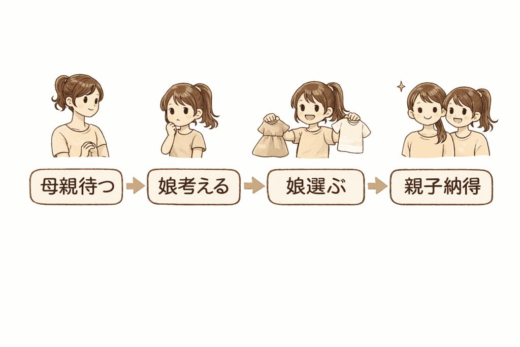 母親が待つ姿から始まり、娘が考え、服を選び、最後に親子で笑顔になるまでの流れを示した横長の図解イラスト。下部に「母親待つ→娘考える→娘選ぶ→親子納得」と日本語で書かれたボックスが並び、矢印でつながっている。