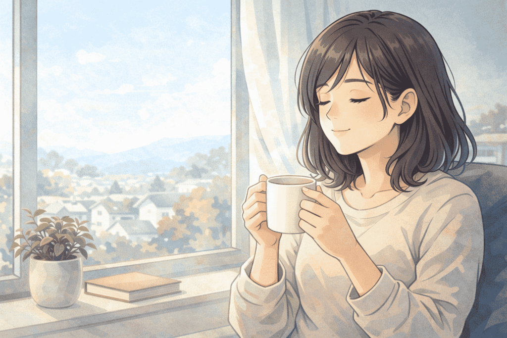 朝の光が差し込む窓辺で、穏やかな表情でコーヒーカップを両手に持つ女性。背景には静かな住宅街の景色と観葉植物が見える。