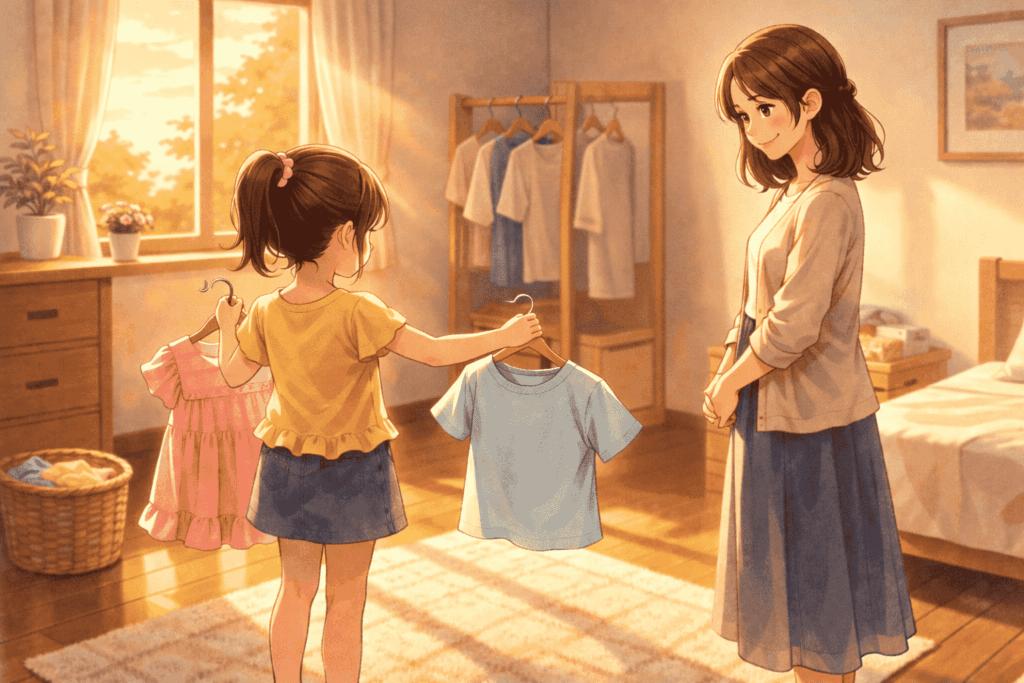 夕方のやわらかな光が差し込む部屋で、女の子がピンクのワンピースと水色のTシャツを両手に持ち、自分で服を選んでいる後ろ姿。少し離れた場所から母親が優しく見守っているイラスト。