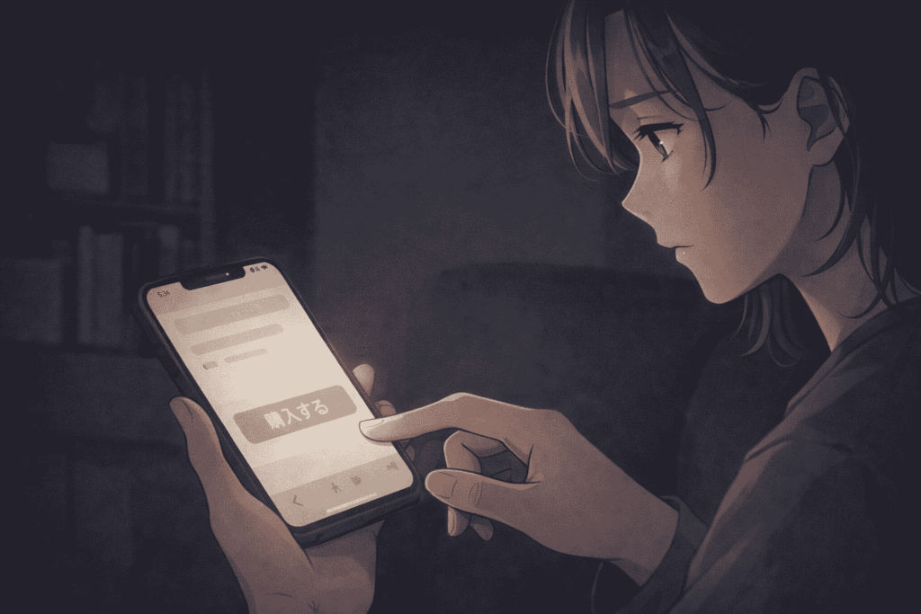 夜の部屋でスマートフォンの購入ボタンに指を近づける女性の横長イラスト