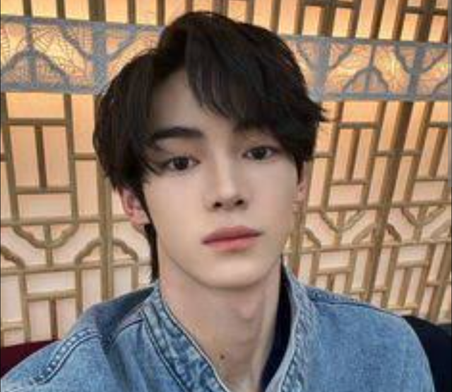 黒髪の人物がデニムジャケットを着て、模様入りの背景の前でカメラを見つめている写真。