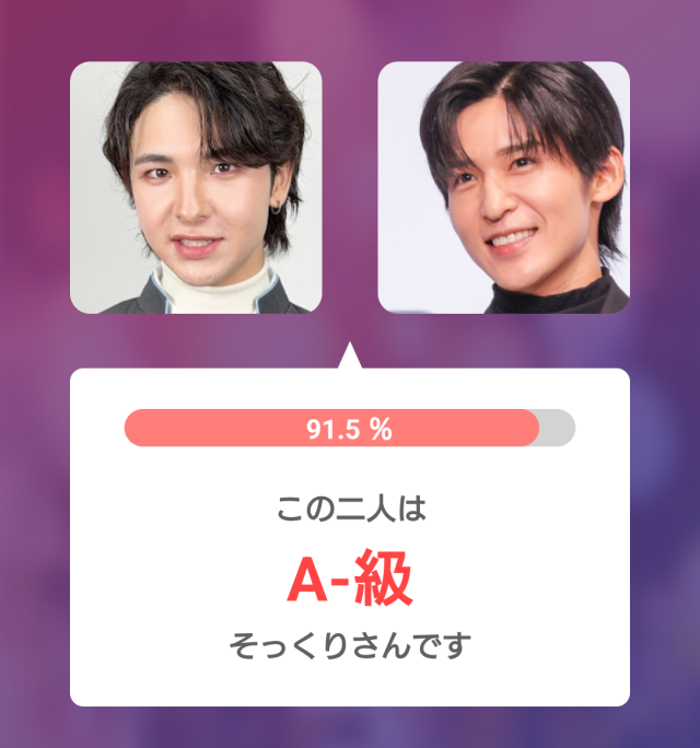 2人の顔写真を並べた比較画像。そっくり度91.5%で、A-級そっくりさんと判定された結果画面。