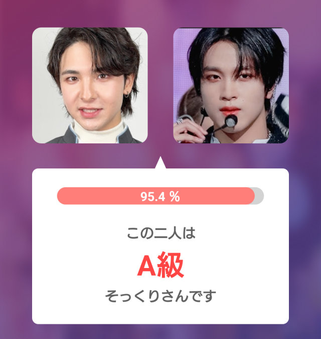 2人の顔写真を並べた比較画像。そっくり度95.4%で、A級そっくりさんと判定された結果画面。