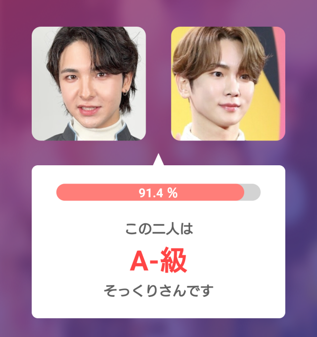 2人の顔写真を並べた比較画像。そっくり度91.4%で、A-級そっくりさんと判定された結果画面。