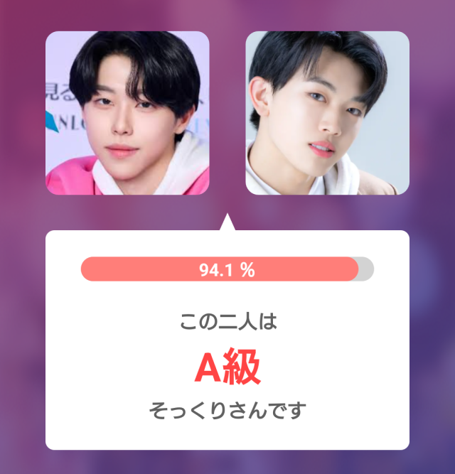 2人の男性の顔写真を並べて比較し、そっくり度94.1%、A級と表示した診断結果の画像