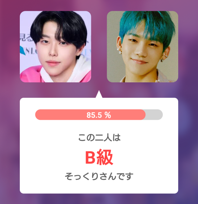 2人の男性の顔写真を並べて比較し、そっくり度85.5%、B級と表示した診断結果の画像