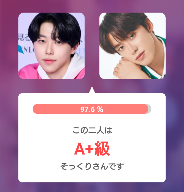 2人の男性の顔写真を並べて比較し、そっくり度97.6%、A+級と表示した診断結果の画像
