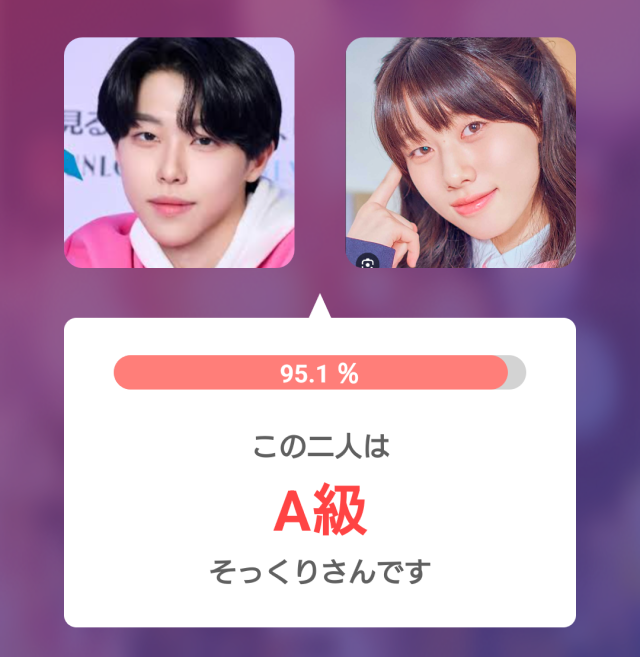 2人の顔写真を並べて比較し、そっくり度95.1%、A級と表示した診断結果の画像