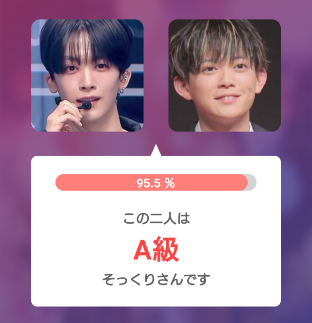 釼持吉成と松丸亮吾の比較画像。2人の写真を並べ、そっくり度95.5%、A級と表示された診断結果