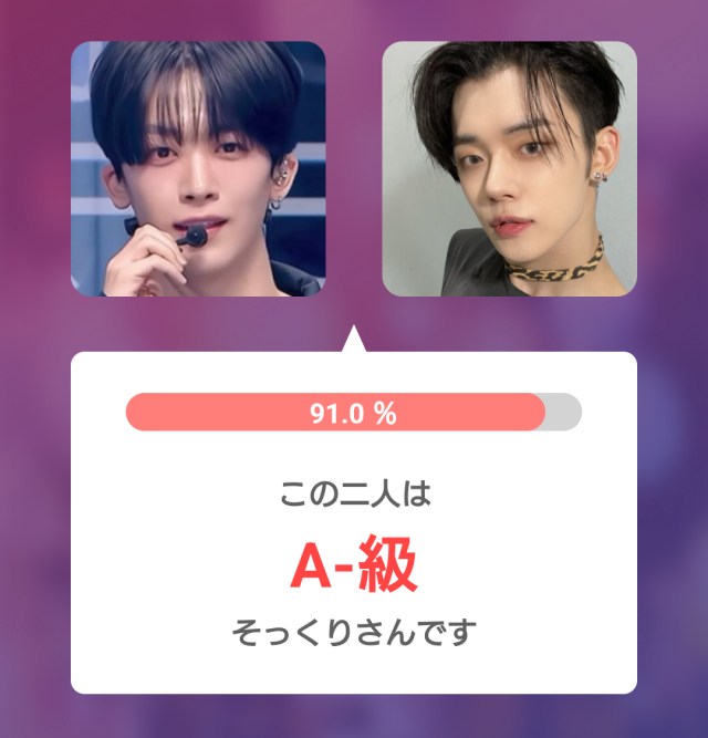 釼持吉成とヨンジュンの比較画像。2人の写真を並べ、そっくり度91.0%、A-級と表示された診断結果
