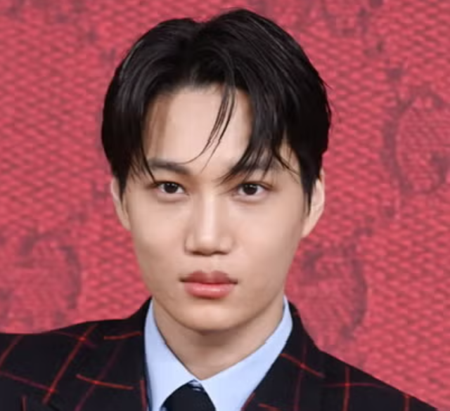 赤い背景の前で、黒髪のEXOカイが正面を向いて写っているバストアップ画像。はっきりした目元と通った鼻筋が印象的です。