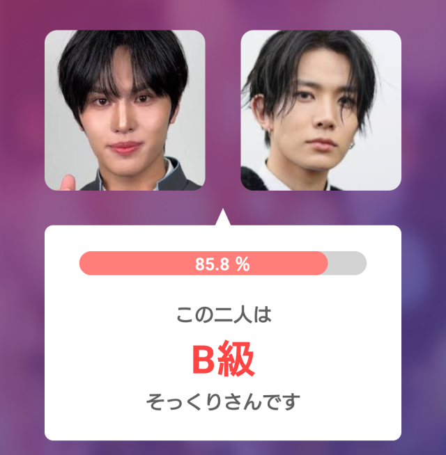 安倍結蘭とヒスンの顔写真を並べて表示し、顔比較アプリ「そっくりさん」で一致度85.8%、B級と判定された比較画像。