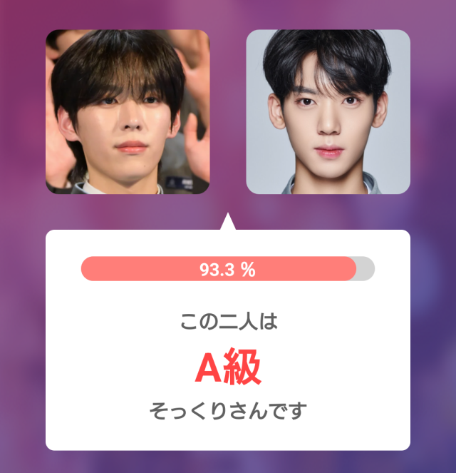 オ・シンヘンとユジンの顔比較画像。顔比較アプリでそっくり度93.3％、A級と表示されている