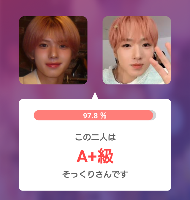 矢田佳暉とサクヤの顔写真を並べ、そっくり度97.8％・A+級と表示した比較画像