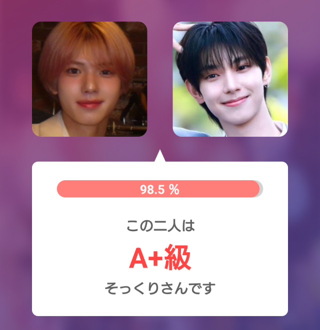 矢田佳暉とリブ（チェリブ）の顔写真を並べ、そっくり度98.5％・A+級と表示した比較画像