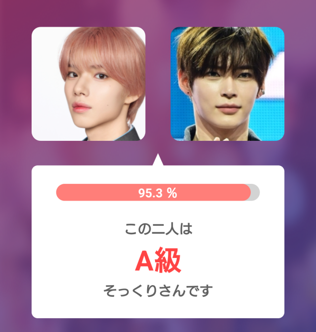 矢田佳暉とハンビンの顔写真を並べ、そっくり度95.3％・A級と表示した比較画像