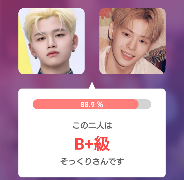 杉山竜司とムン・ジョンヒョンの顔写真を比較したそっくり判定画像。そっくり度88.9％でB+級と表示されている