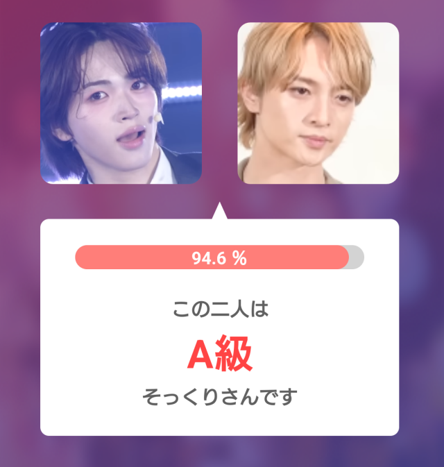 2人の顔写真を並べたそっくりさんアプリの判定結果。一致率94.6％でA級と表示されている。