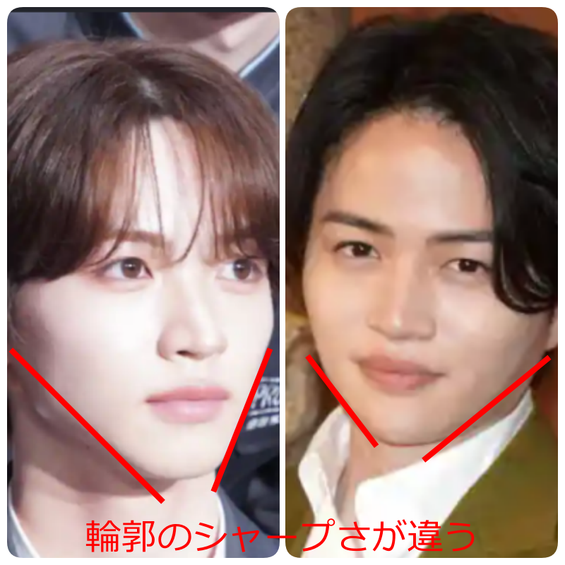 2人の顔写真を並べ、赤い補助線でフェイスラインの角度を示した比較画像。下部に「輪郭のシャープさが違う」と記載されている。