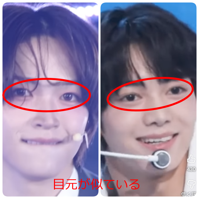 2人の顔写真の目元を赤い楕円で比較した画像。「目元が似ている」の文字入り。