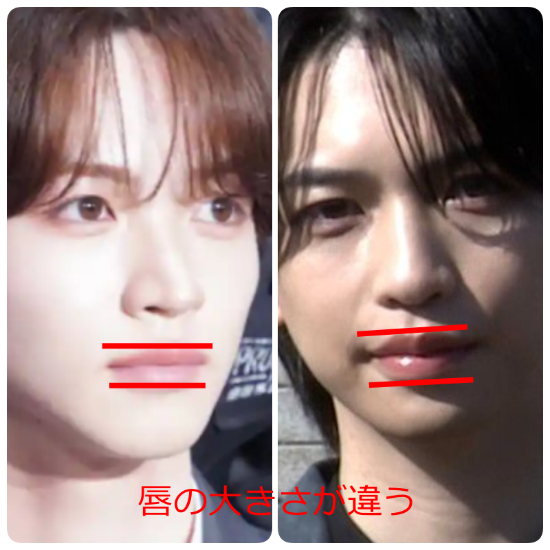 2人の顔写真を並べ、赤い補助線で唇の大きさや厚みの違いを比較した画像。下部に「唇の大きさが違う」と赤字で表示されている。